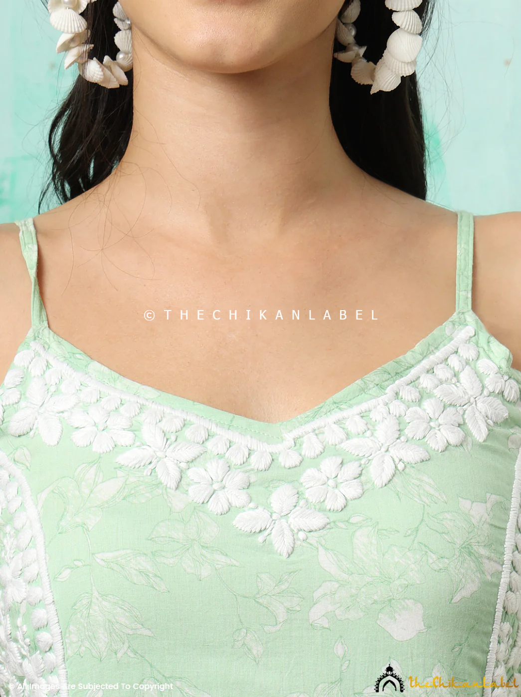 Fariha Cotton Chikankari Strappy Kurta Set - Green - Image 2
