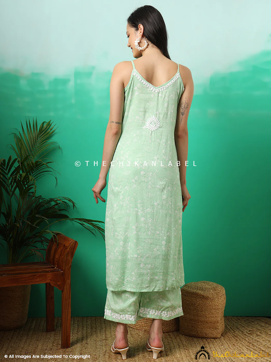 Fariha Cotton Chikankari Strappy Kurta Set - Green - Image 3