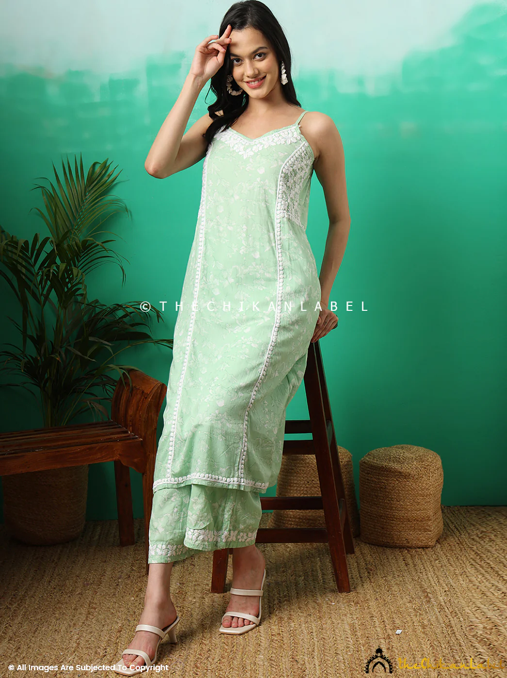 Fariha Cotton Chikankari Strappy Kurta Set - Green - Image 5