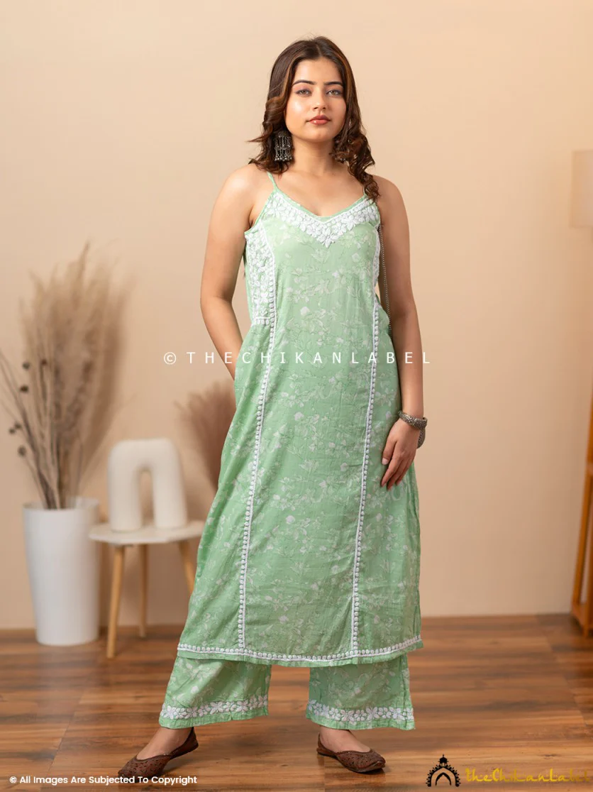 Fariha Cotton Chikankari Strappy Kurta Set - Green - Image 6