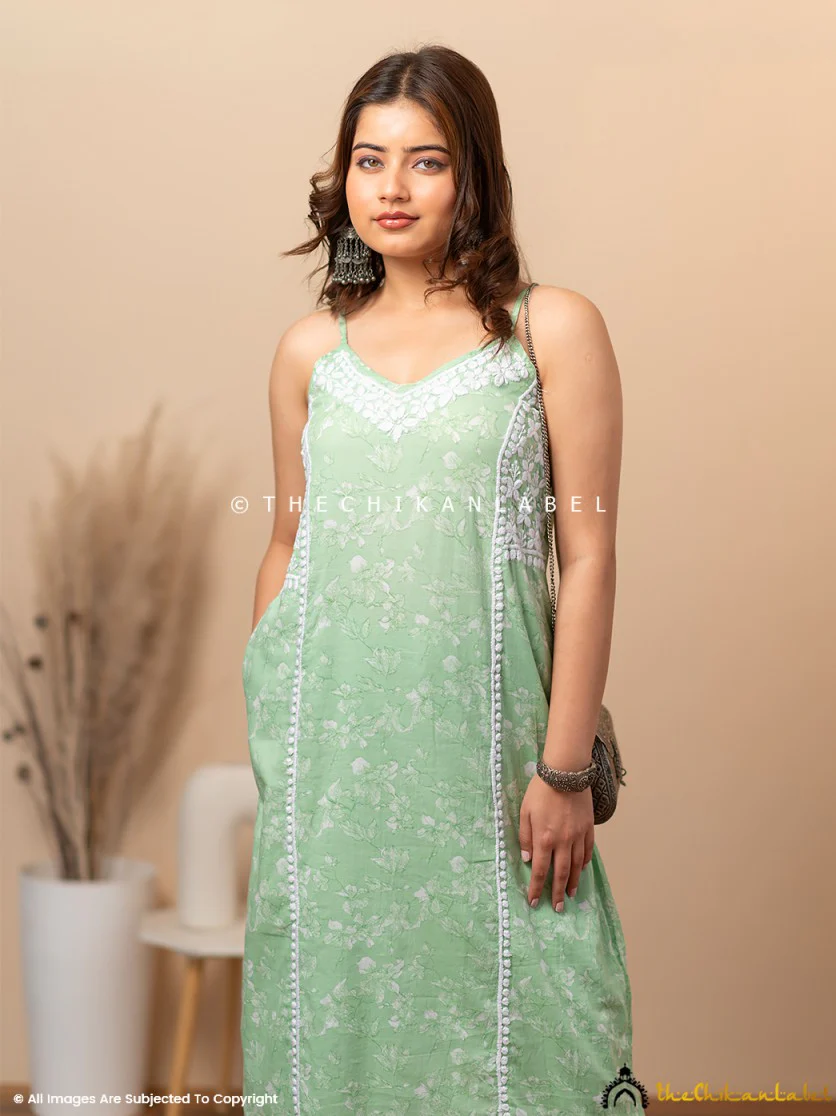 Fariha Cotton Chikankari Strappy Kurta Set - Green - Image 7