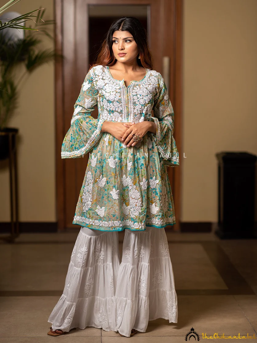 Hanifa Mulmul Chikankari Peplum Top - Green - Image 3