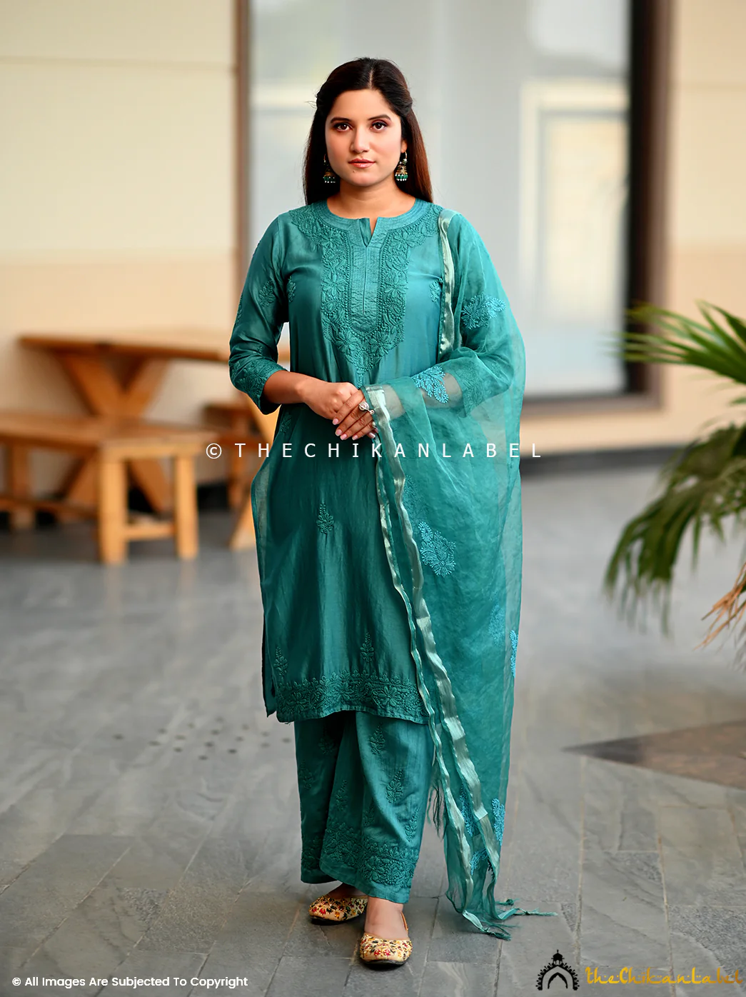 Hiba Chanderi Chikankari Straight Kurta Set with Dupatta