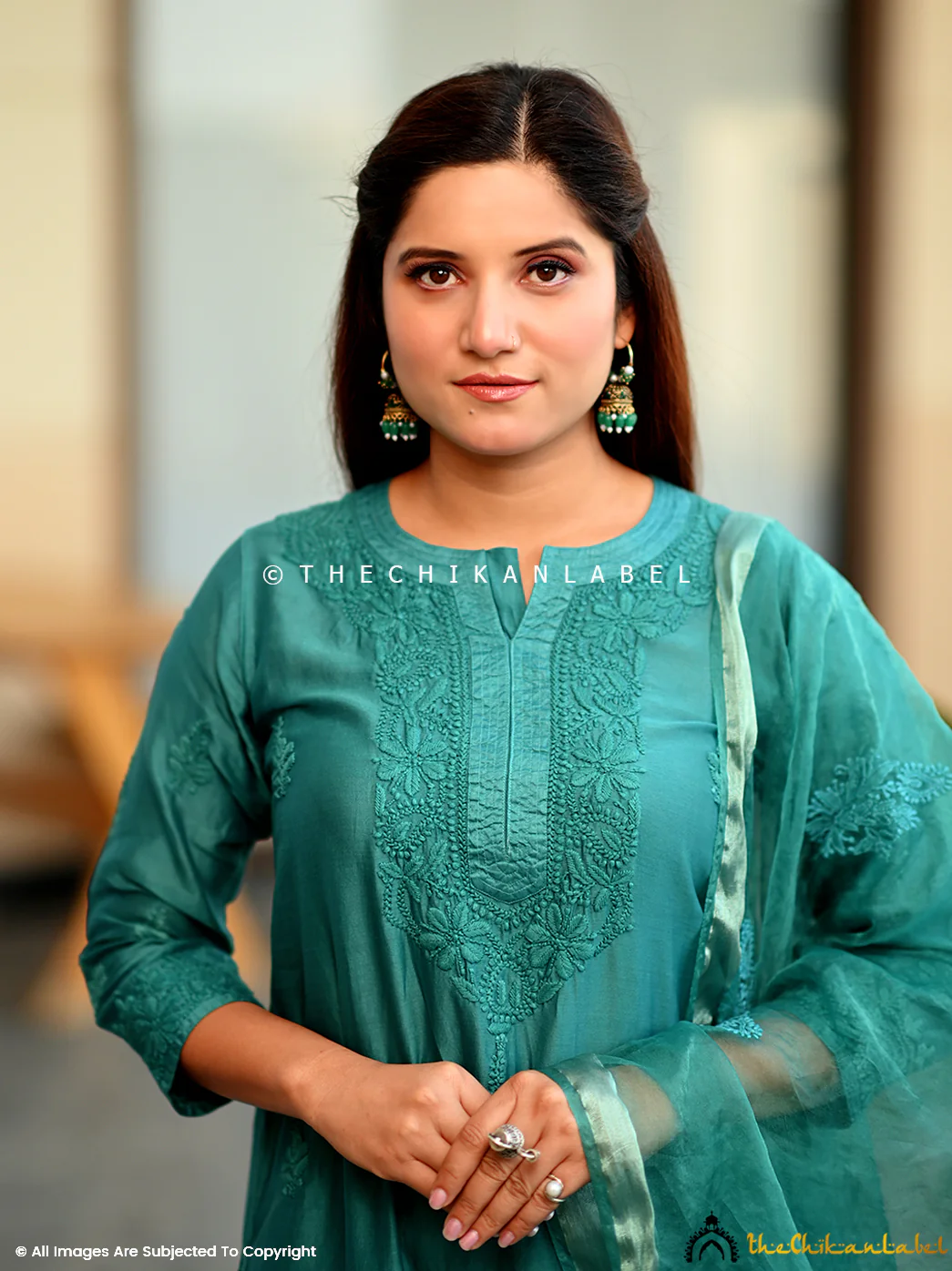 Hiba Chanderi Chikankari Straight Kurta Set with Dupatta - Image 2