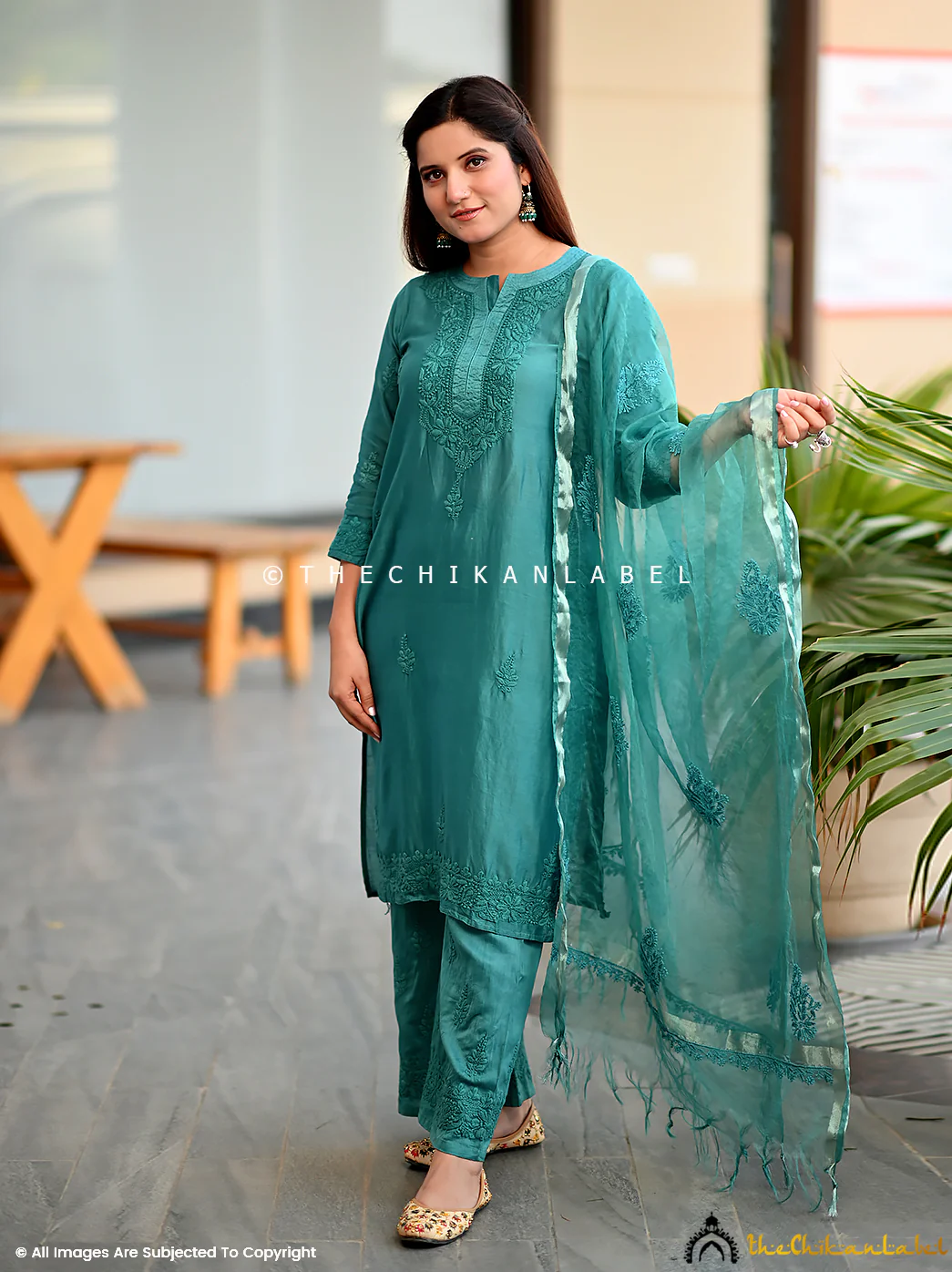 Hiba Chanderi Chikankari Straight Kurta Set with Dupatta - Image 3