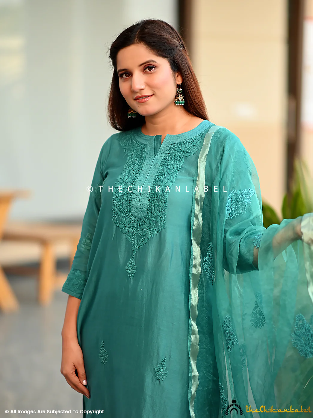 Hiba Chanderi Chikankari Straight Kurta Set with Dupatta - Image 4