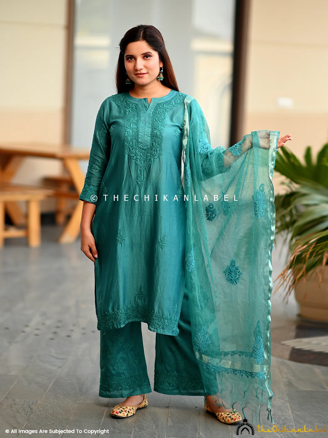 Hiba Chanderi Chikankari Straight Kurta Set with Dupatta - Image 5