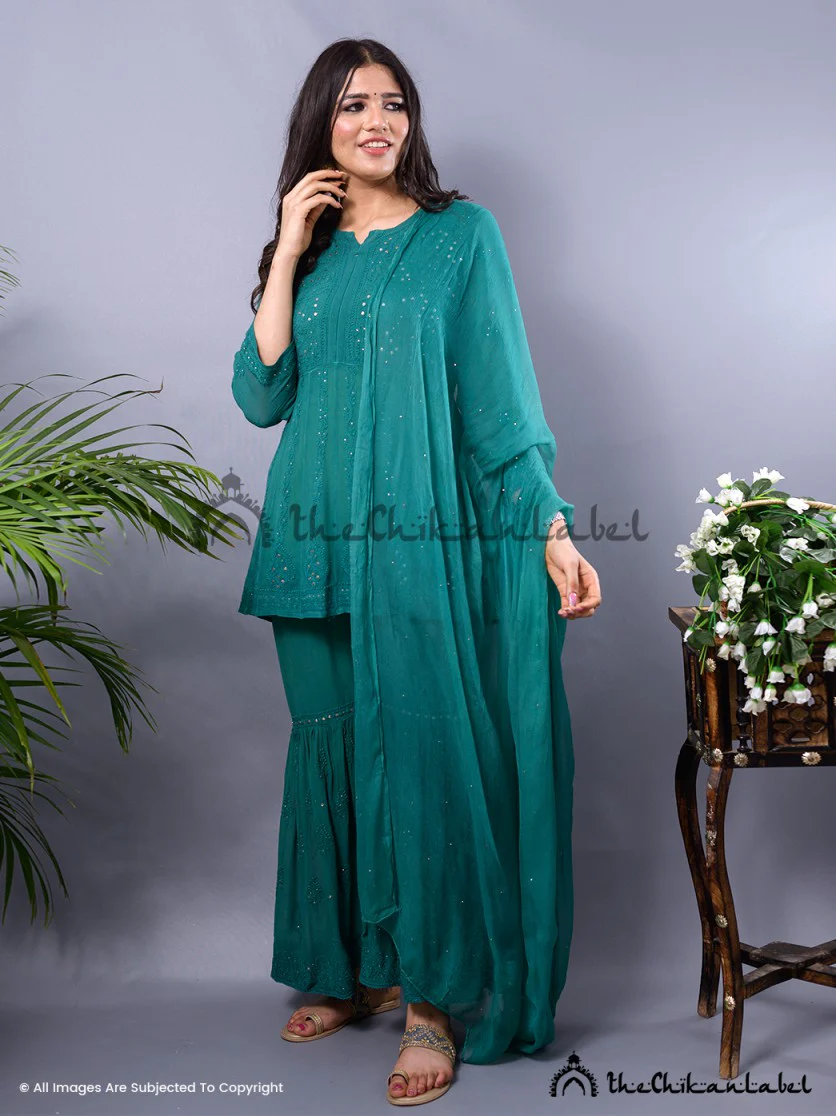 Green Hina Viscose Chikankari Kurta Garara Set - Image 2