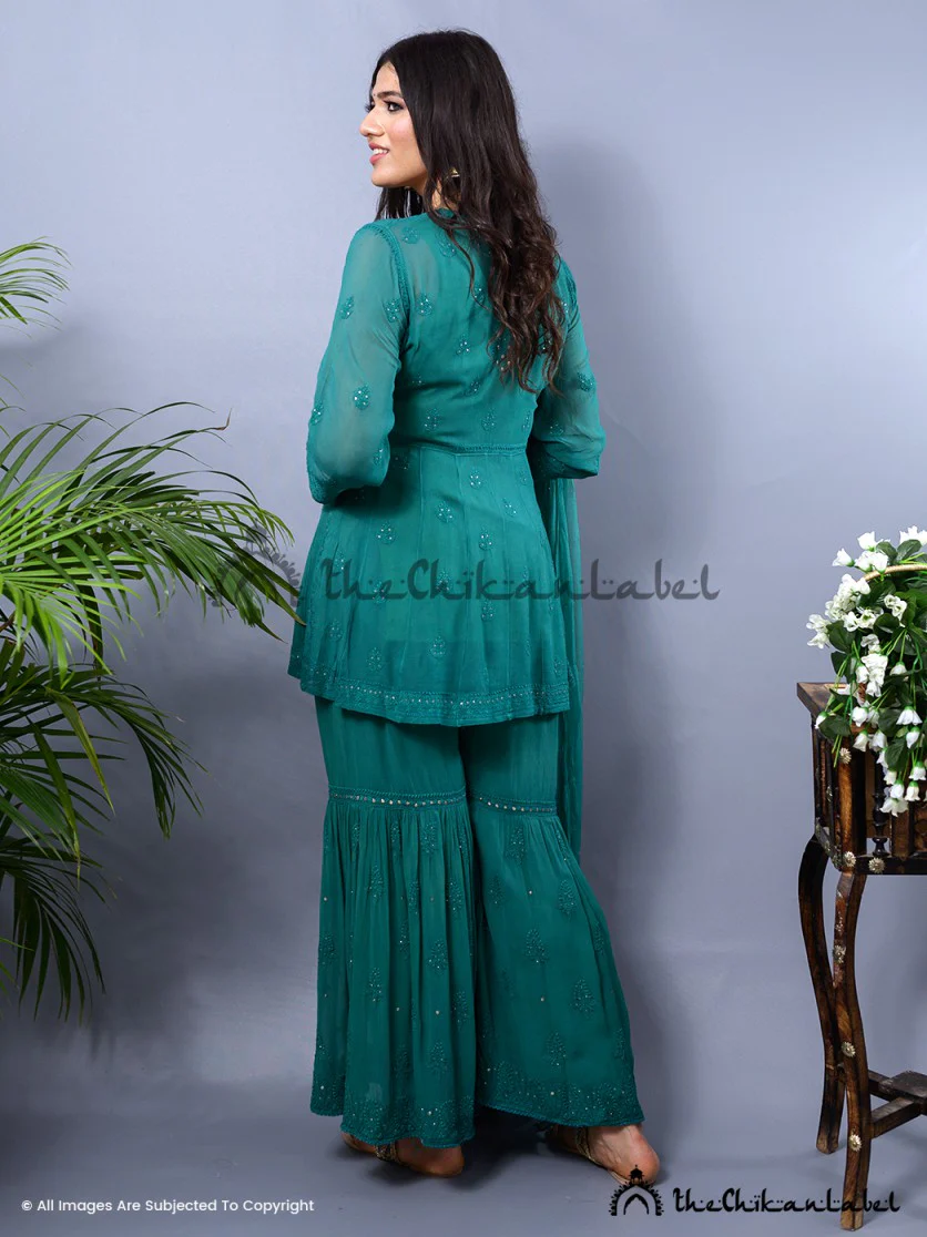 Green Hina Viscose Chikankari Kurta Garara Set - Image 3