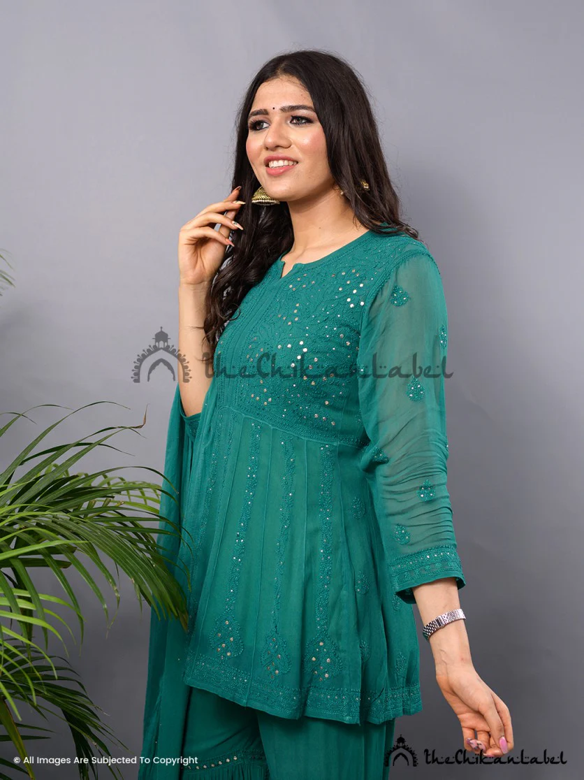 Green Hina Viscose Chikankari Kurta Garara Set - Image 4