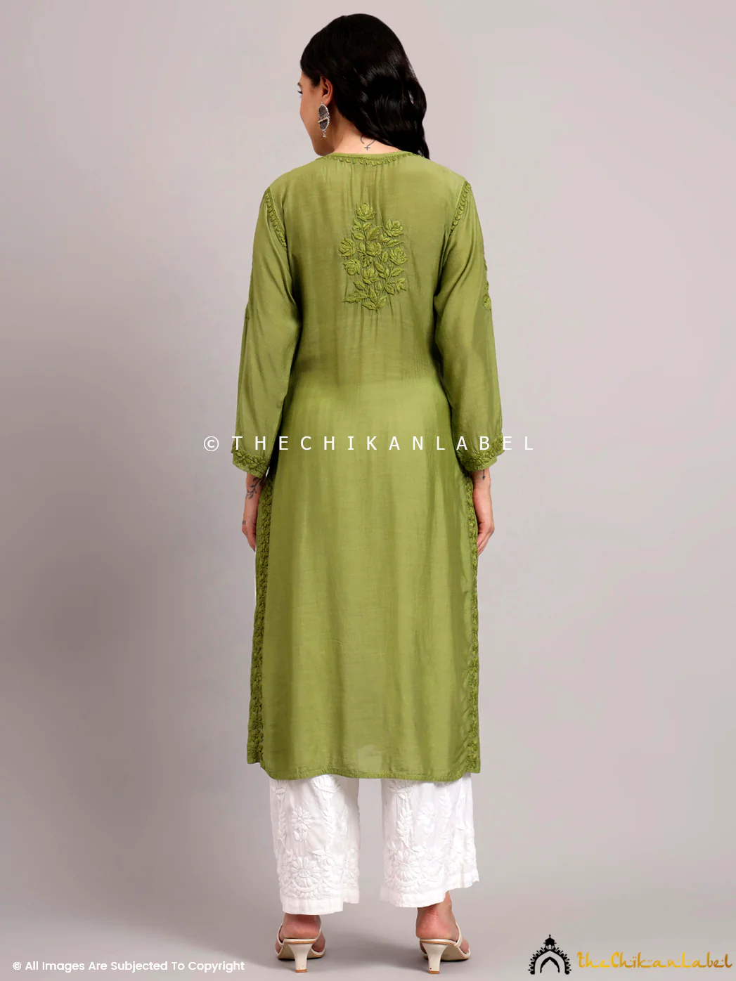 Jenika Muslin Chikankari Straight Kurti - Green - Image 3