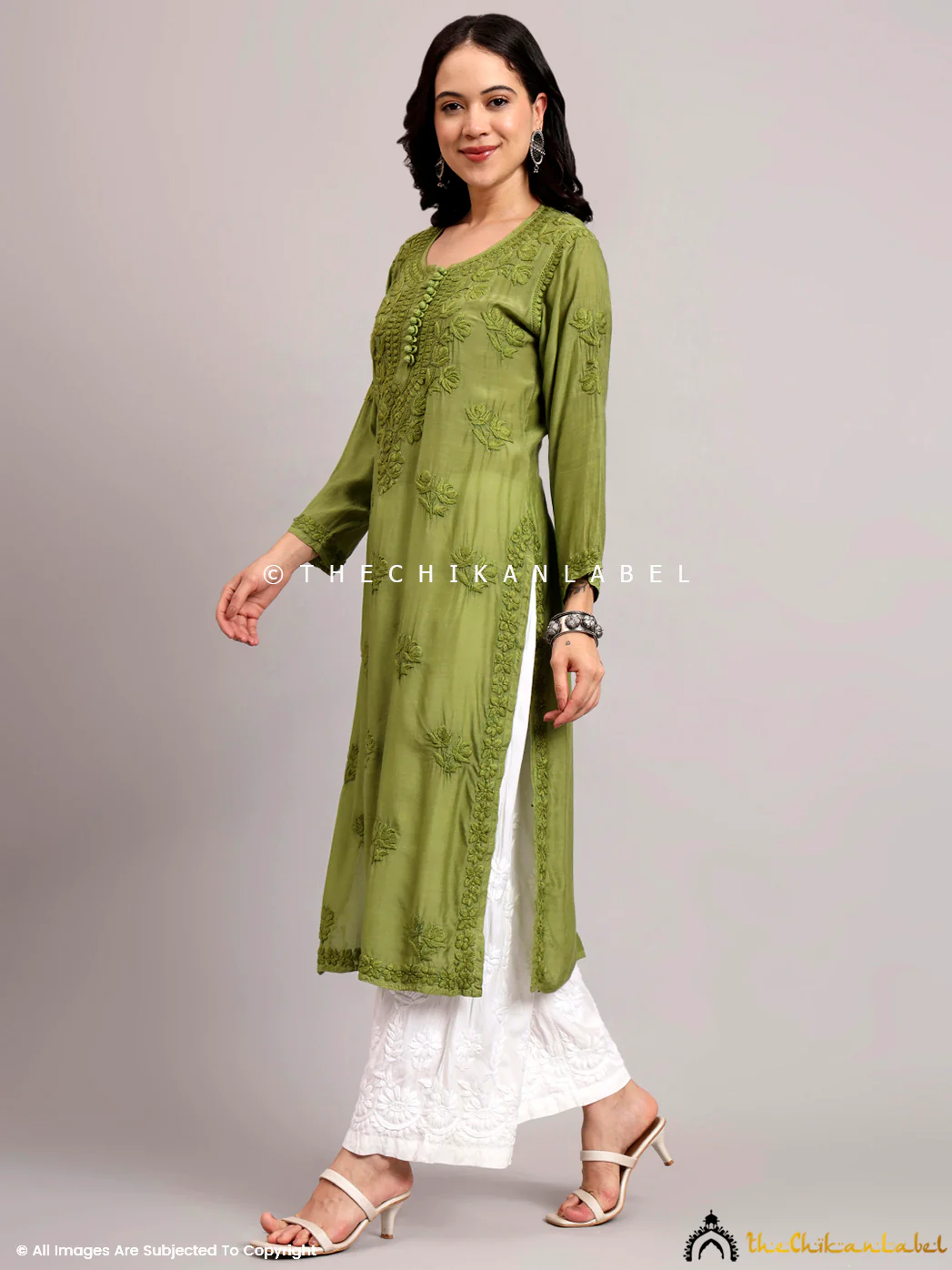 Jenika Muslin Chikankari Straight Kurti - Green - Image 4