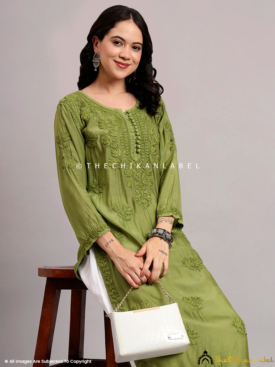 Jenika Muslin Chikankari Straight Kurti - Green - Image 7