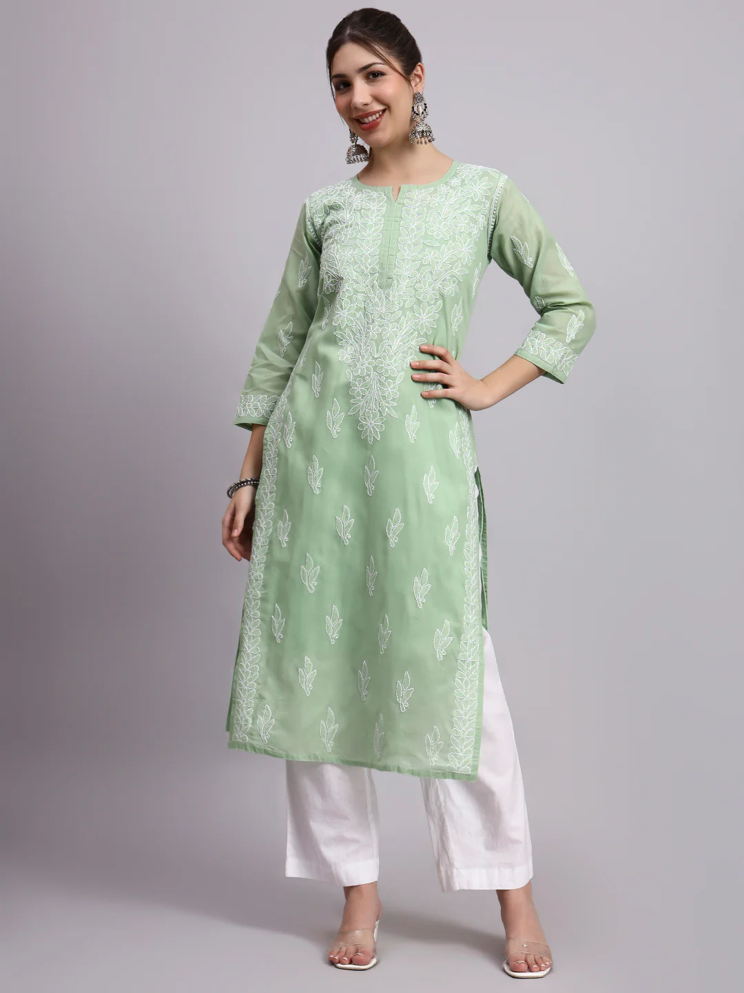 Green Layla Cotton Chikankari Straight Kurti with inner
