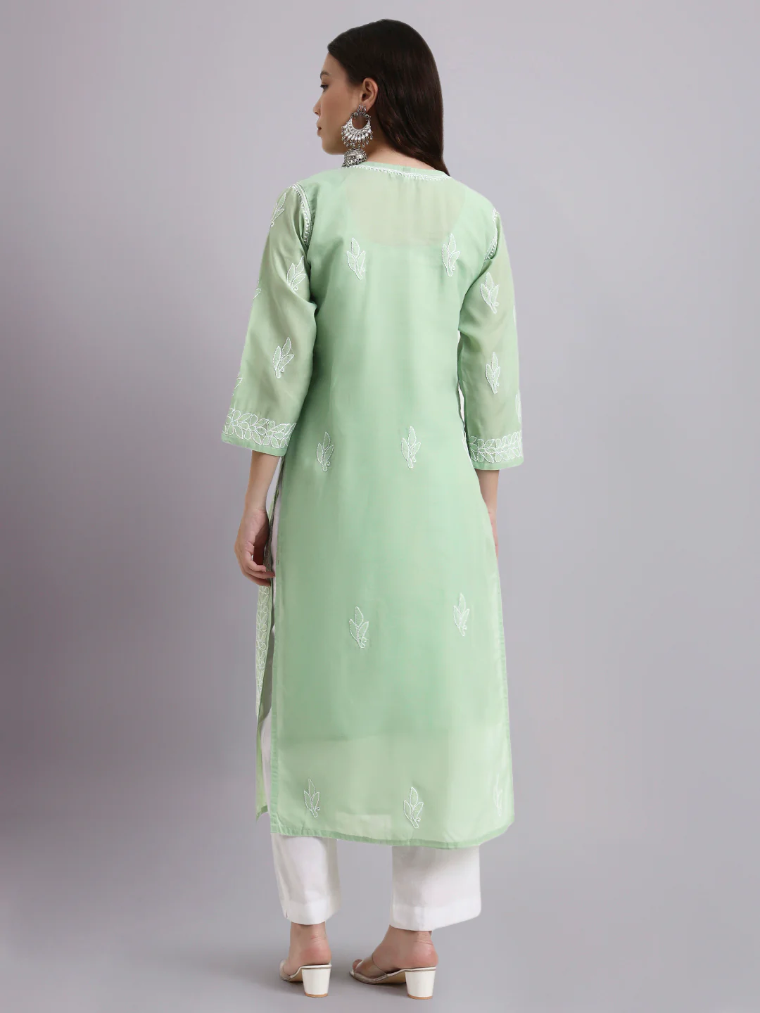 Green Layla Cotton Chikankari Straight Kurti with inner - Image 3