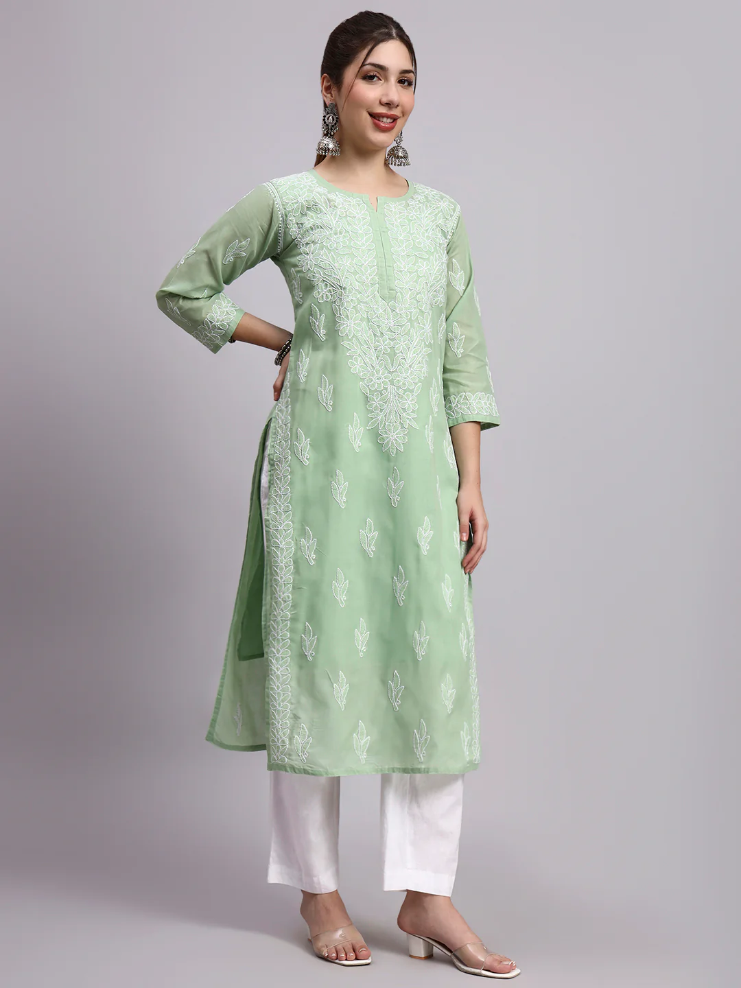 Green Layla Cotton Chikankari Straight Kurti with inner - Image 5