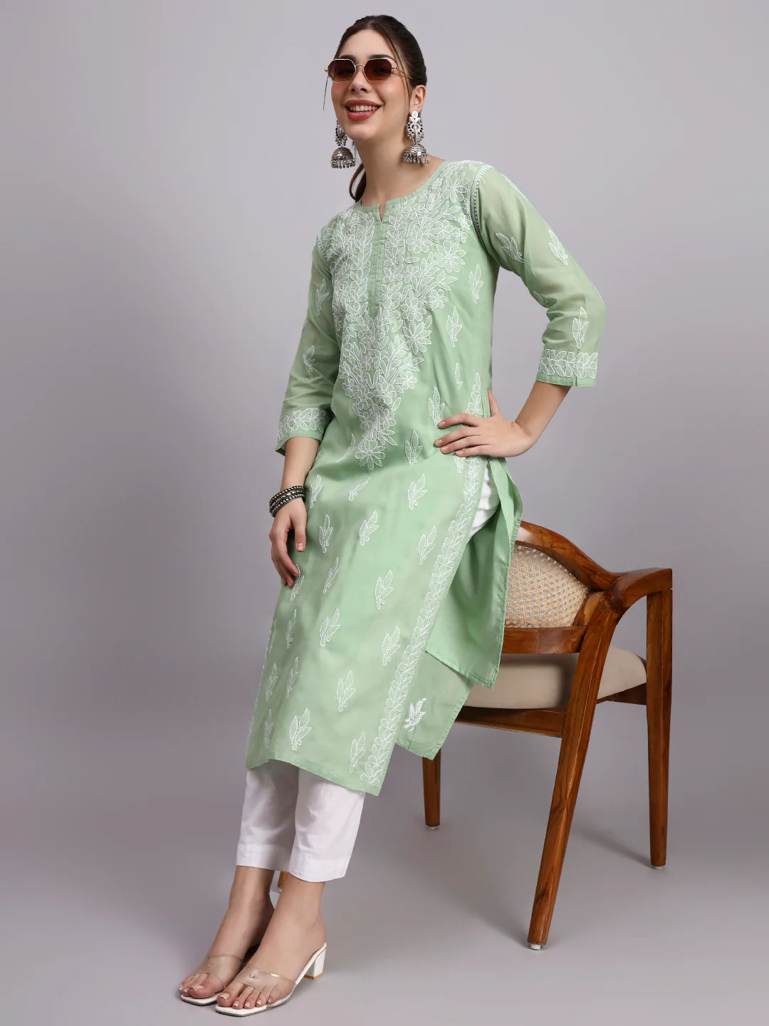 Green Layla Cotton Chikankari Straight Kurti with inner - Image 6