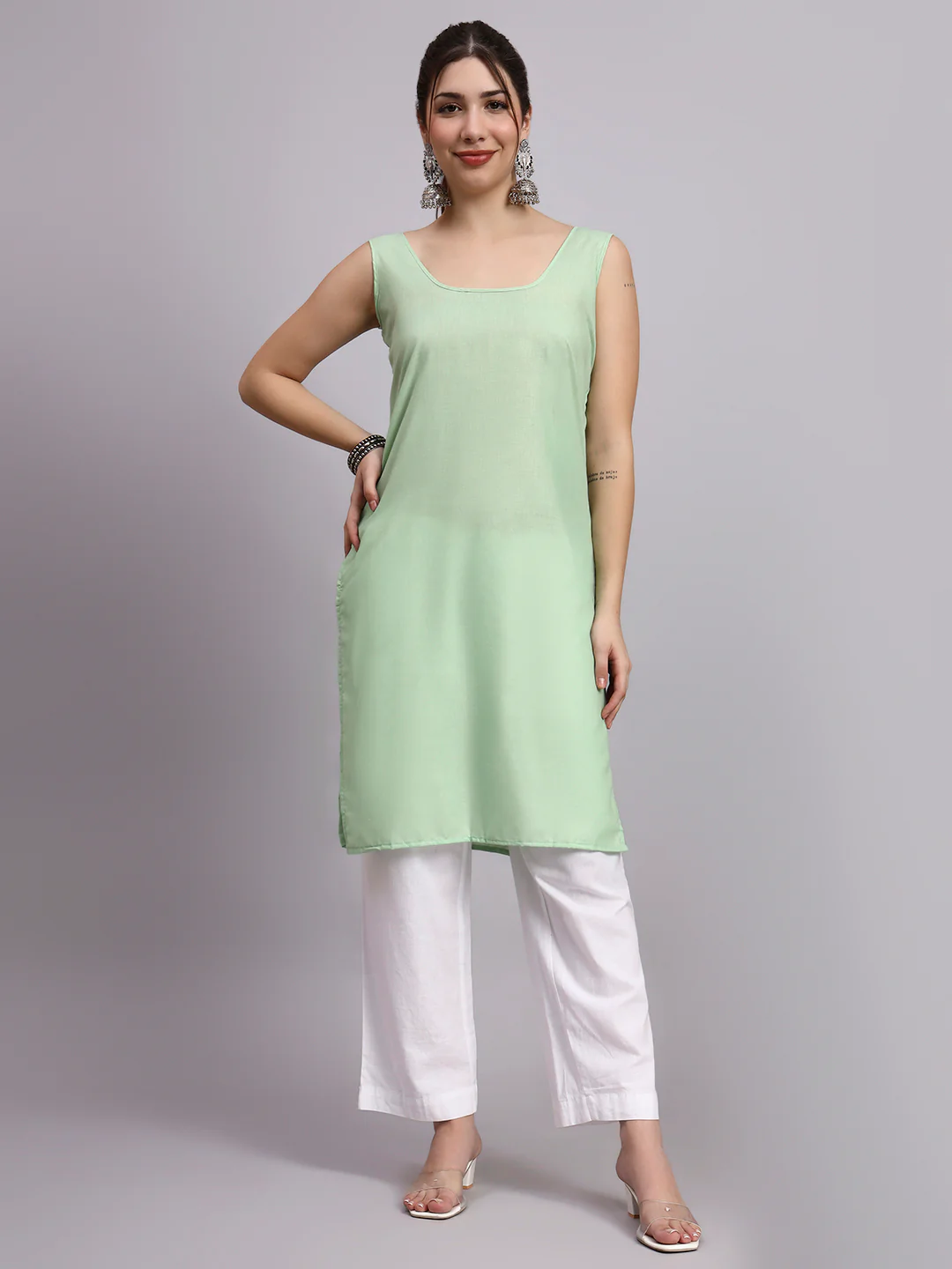 Green Layla Cotton Chikankari Straight Kurti with inner - Image 7