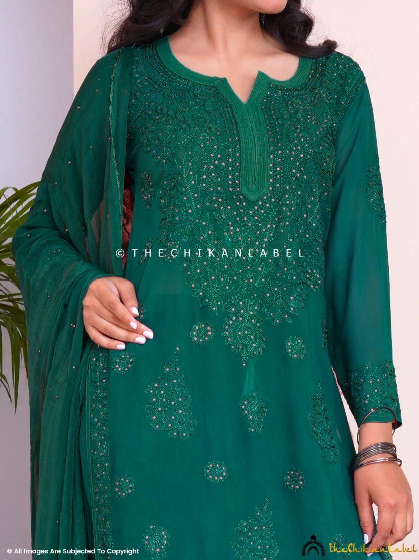 Green Liyana Viscose Chikankari Straight Kurta Set with Dupatta - Image 2