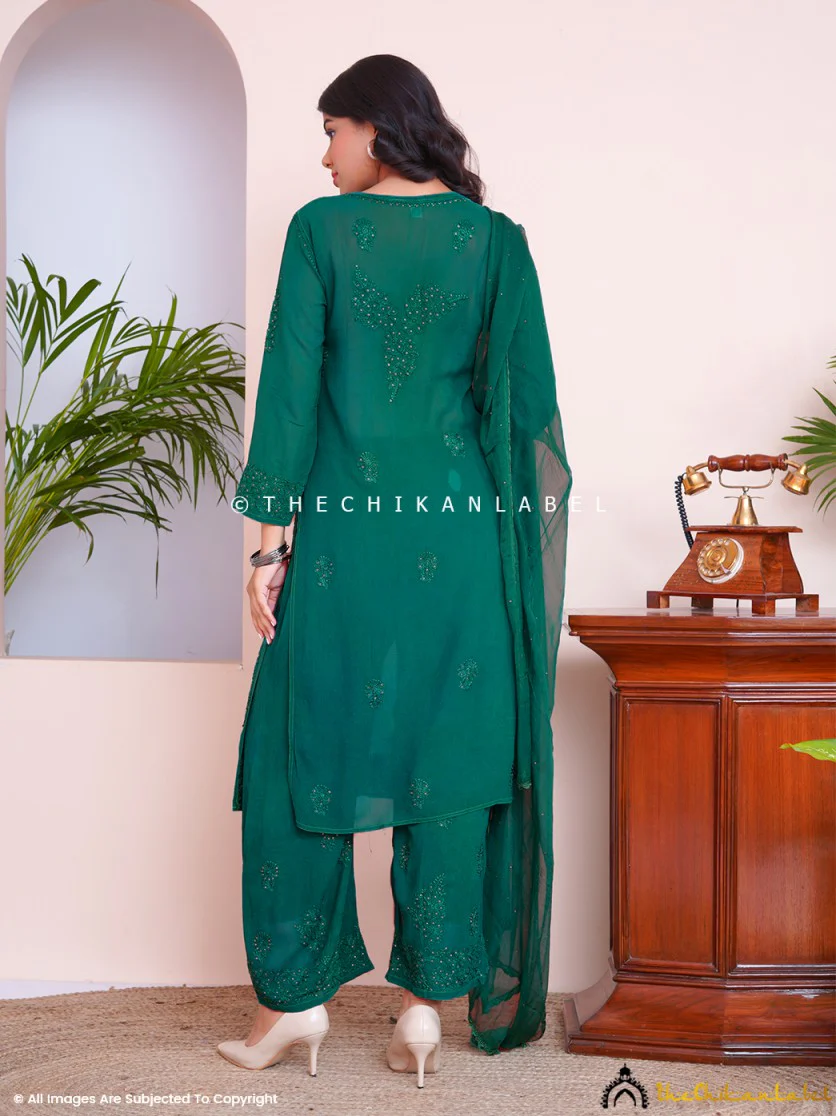 Green Liyana Viscose Chikankari Straight Kurta Set with Dupatta - Image 3