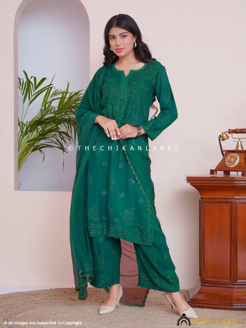 Green Liyana Viscose Chikankari Straight Kurta Set with Dupatta - Image 4