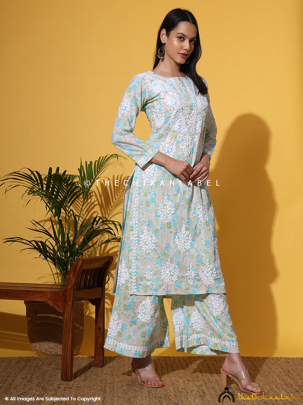 Meher Mulmul Cotton Chikankari Kurta Set - Green - Image 12