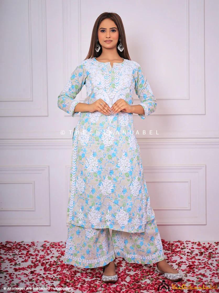 Meher Mulmul Cotton Chikankari Kurta Set - Green - Image 4