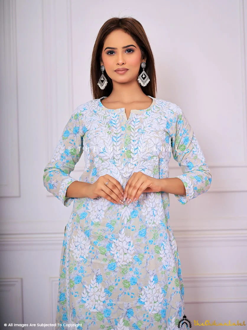 Meher Mulmul Cotton Chikankari Kurta Set - Green - Image 5
