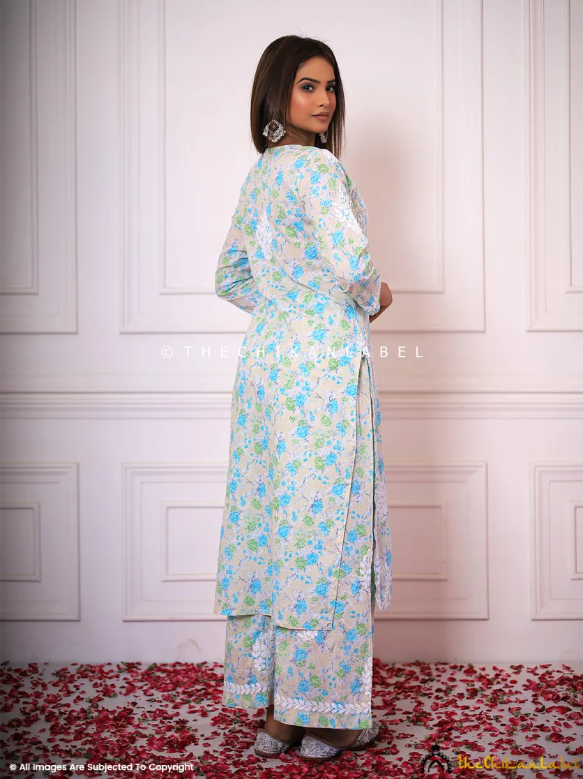 Meher Mulmul Cotton Chikankari Kurta Set - Green - Image 6