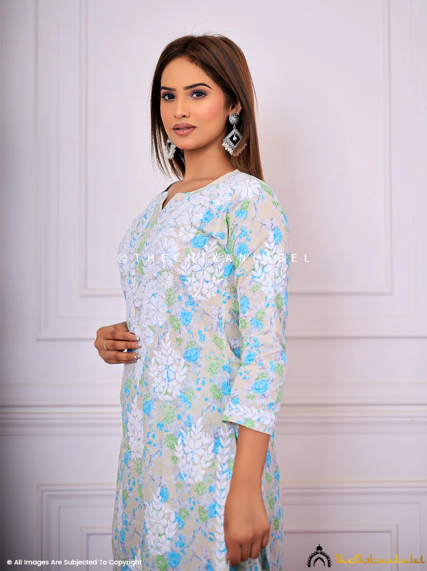 Meher Mulmul Cotton Chikankari Kurta Set - Green - Image 8
