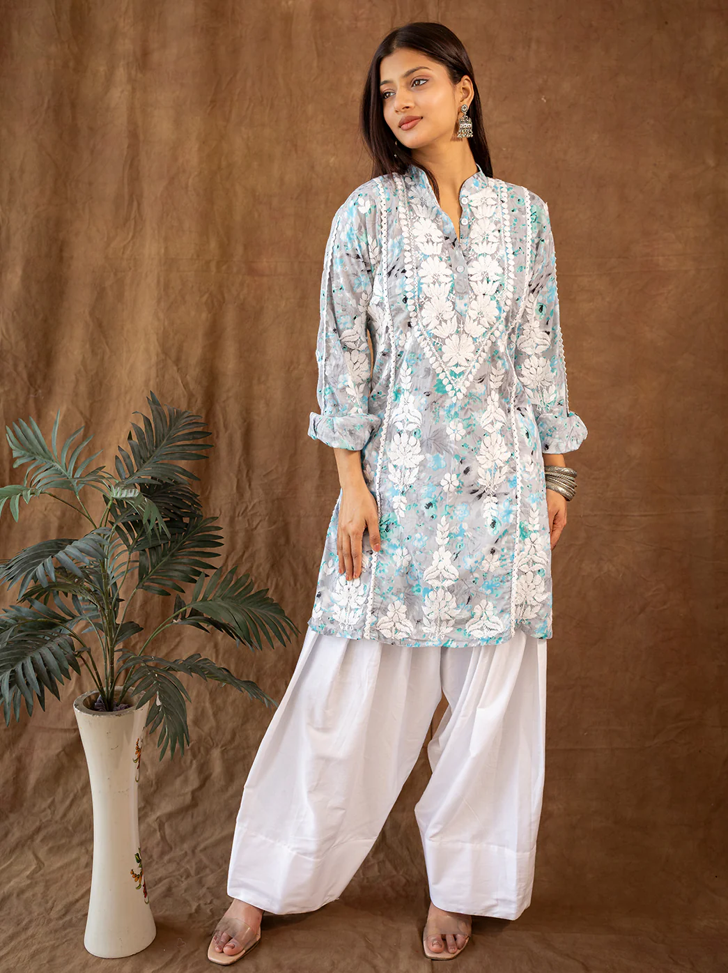 Green Mulmul Chikankari Farshi Salwar Set - Image 3
