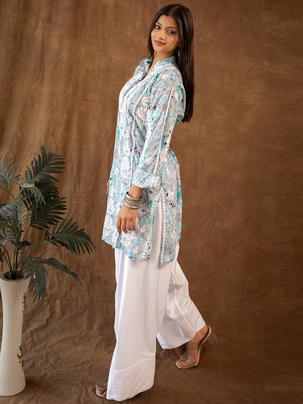 Green Mulmul Chikankari Farshi Salwar Set - Image 5