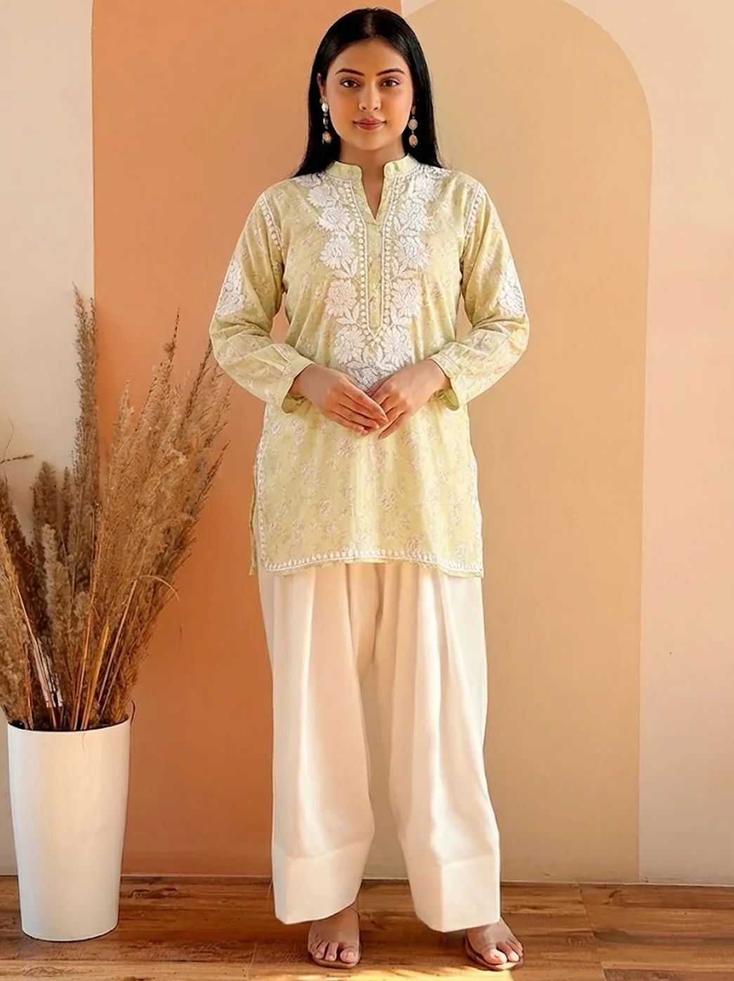 Green Mulmul Printed Chikankari Farshi Salwar Set - Image 2