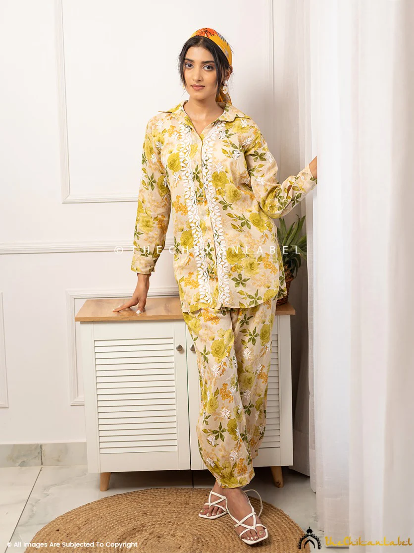 Nadira Mulmul Cotton Chikankari Co-ord Set - Green - Image 4
