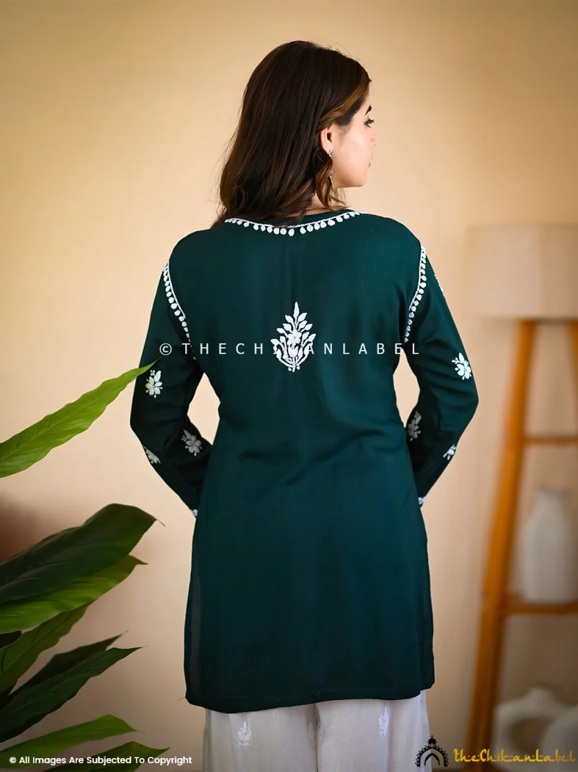 Green Nazak Modal Chikankari Short Kurta - Image 3