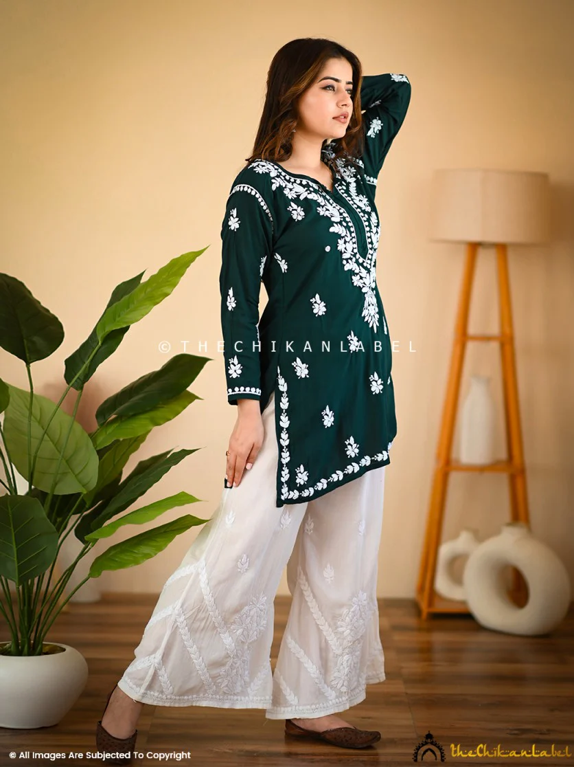 Green Nazak Modal Chikankari Short Kurta - Image 4