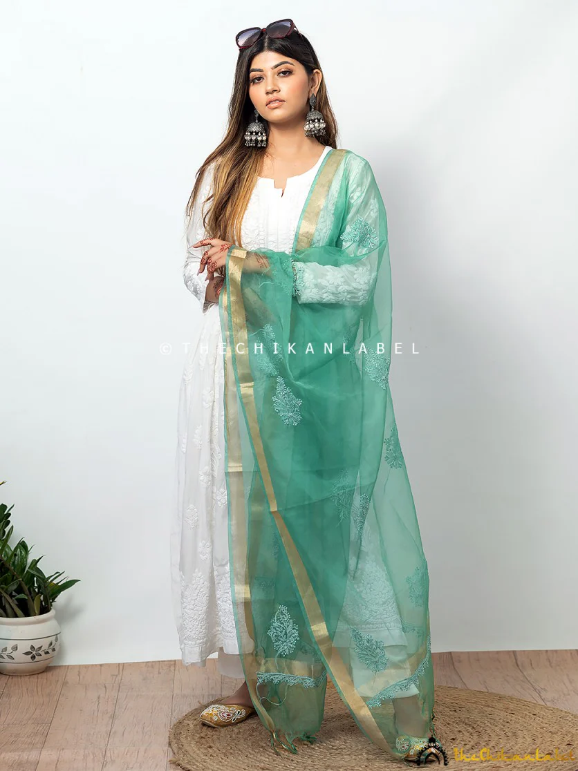 Green Organza Chikankari Dupatta Lucknawi Chikan Handmade Stole Scarf
