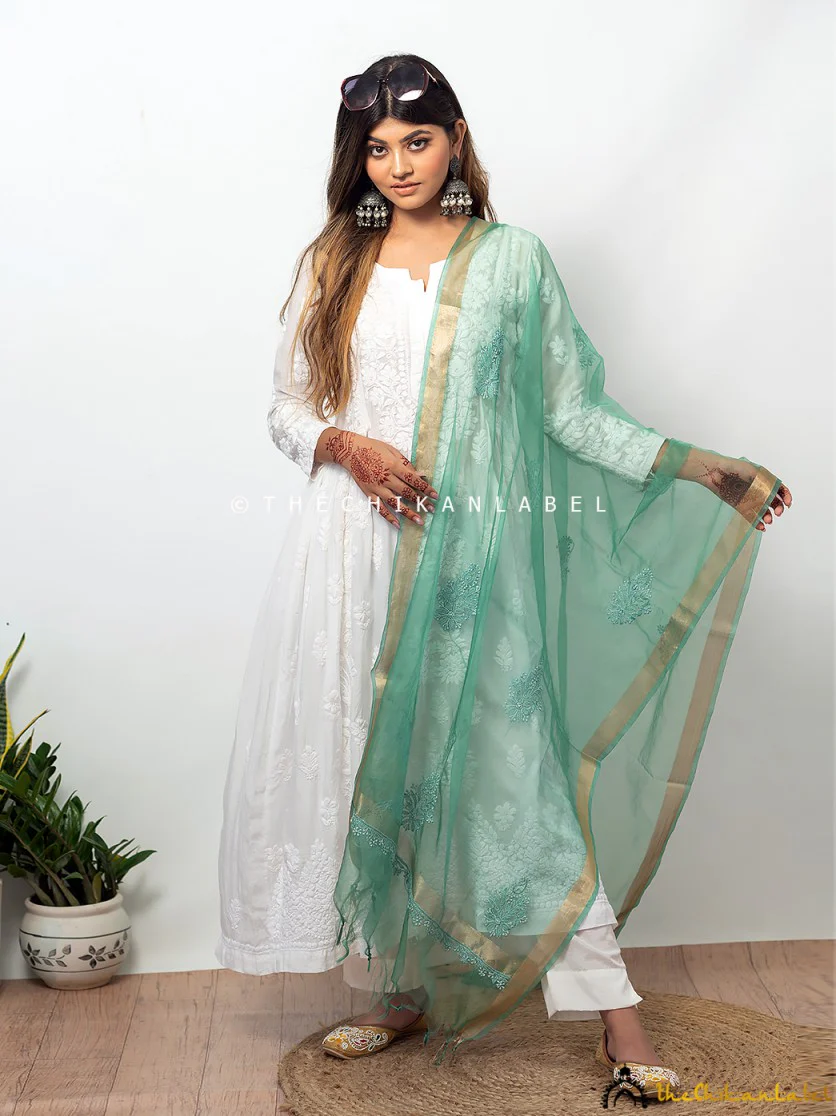 Green Organza Chikankari Dupatta Lucknawi Chikan Handmade Stole Scarf - Image 2