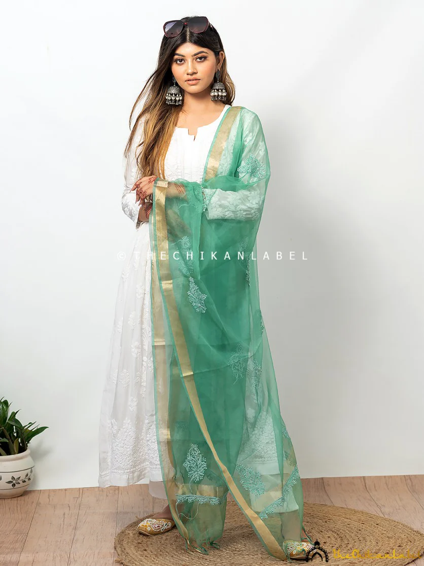 Green Organza Chikankari Dupatta Lucknawi Chikan Handmade Stole Scarf - Image 3