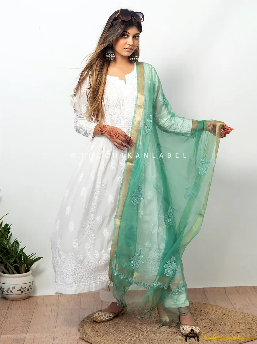 Green Organza Chikankari Dupatta Lucknawi Chikan Handmade Stole Scarf - Image 4