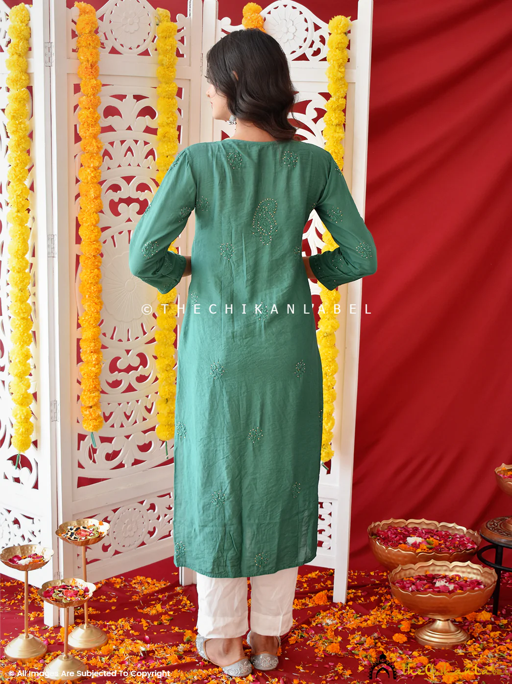 Green Rooh Chanderi Chikankari A-Line Kurti - Image 3