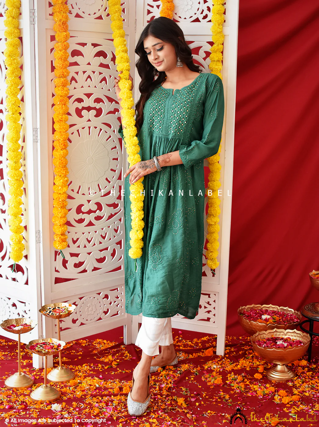 Green Rooh Chanderi Chikankari A-Line Kurti - Image 4