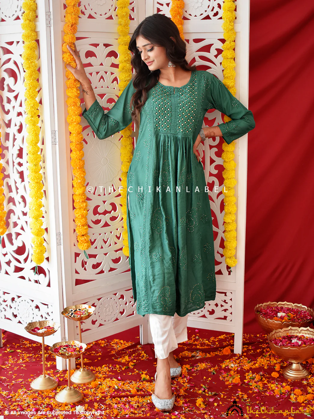 Green Rooh Chanderi Chikankari A-Line Kurti - Image 5