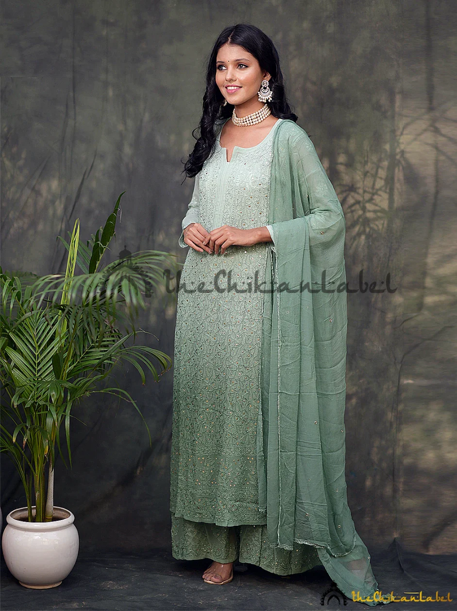 Ruhani Viscose Chikankari Straight Kurta Set with Dupatta - Green - Image 3