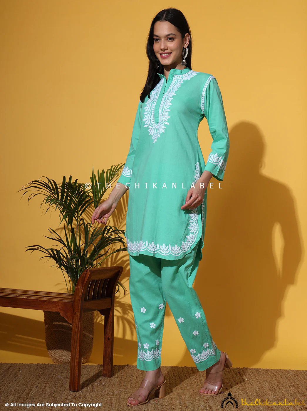 Rumi Organic Cotton Chikankari Kurta Set -Green - Image 10