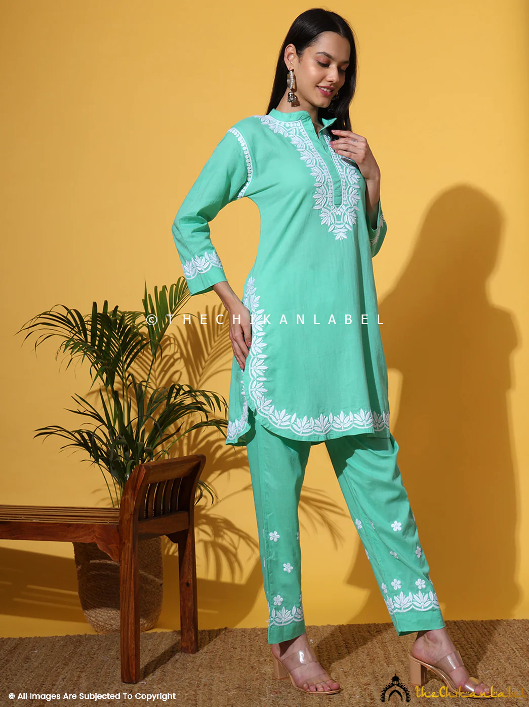Rumi Organic Cotton Chikankari Kurta Set -Green - Image 11