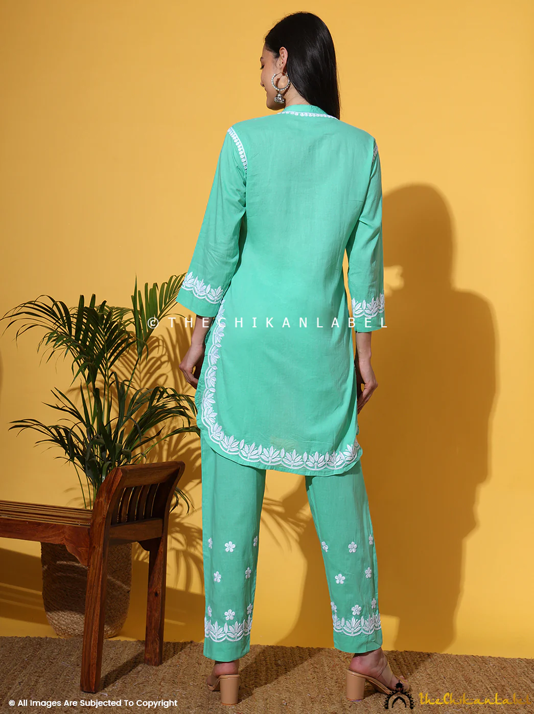 Rumi Organic Cotton Chikankari Kurta Set -Green - Image 3