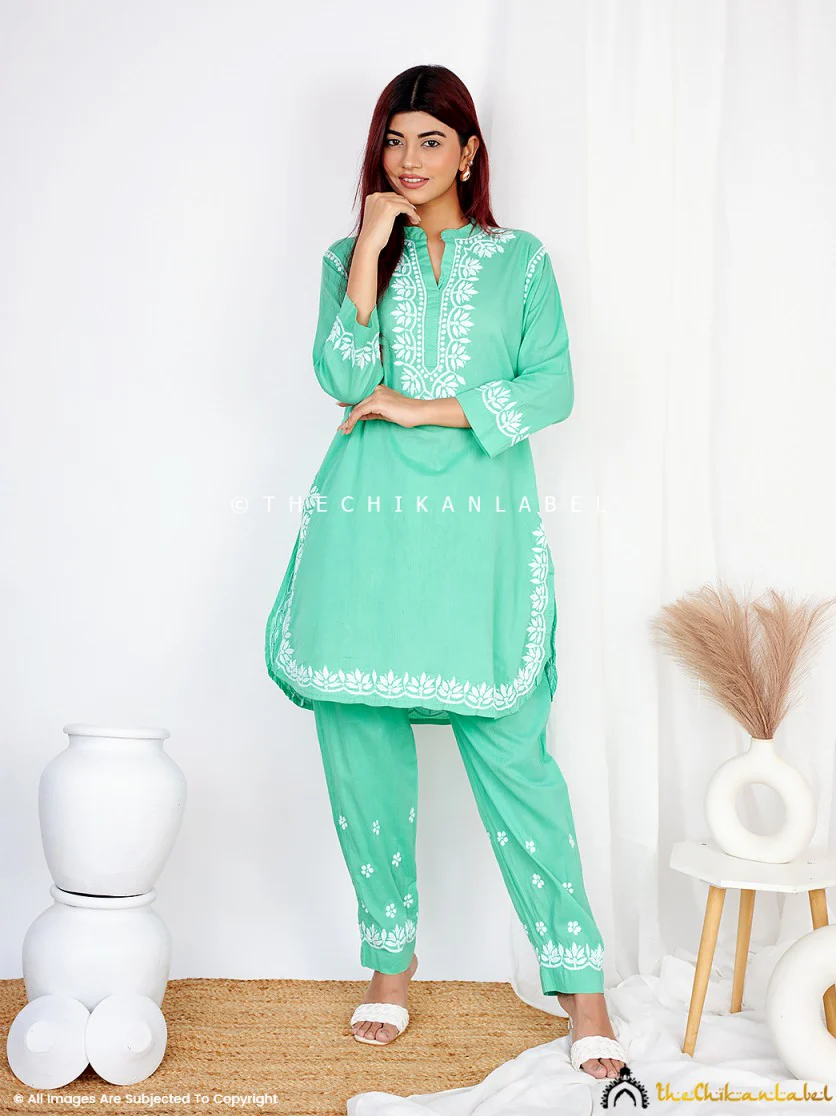 Rumi Organic Cotton Chikankari Kurta Set -Green - Image 4