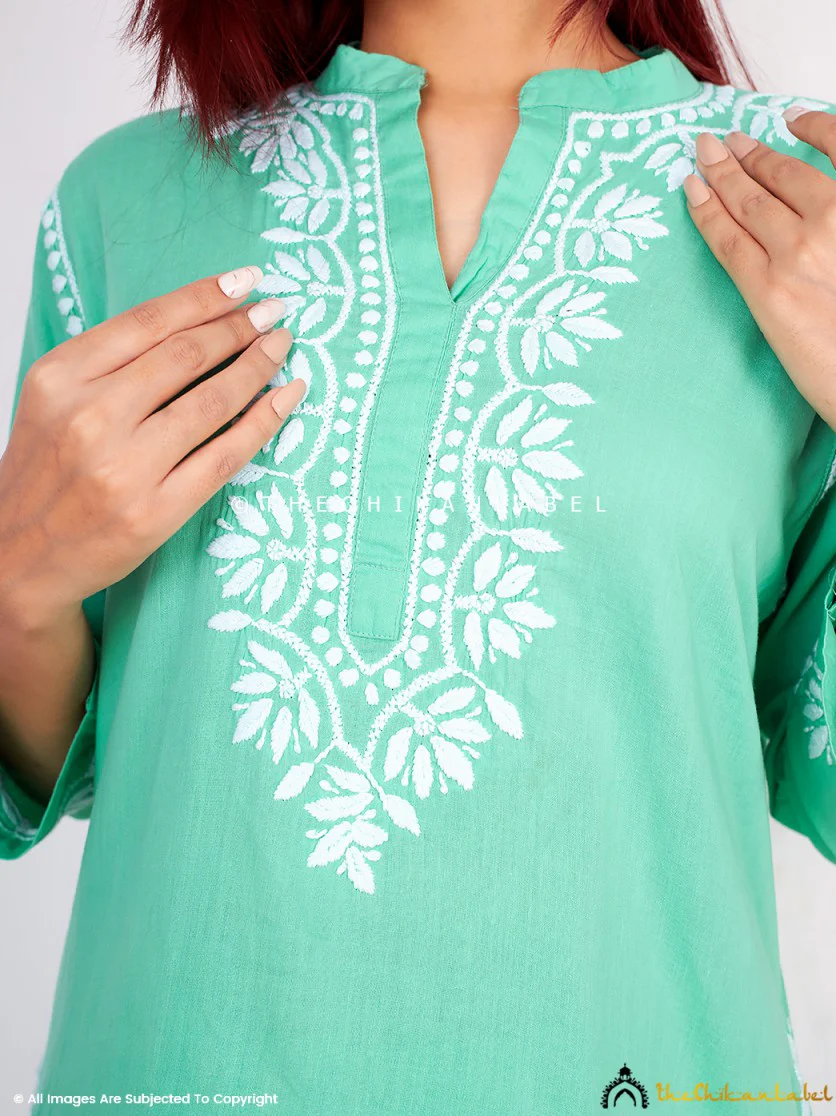 Rumi Organic Cotton Chikankari Kurta Set -Green - Image 5