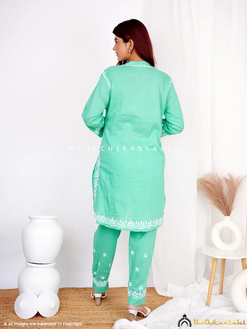 Rumi Organic Cotton Chikankari Kurta Set -Green - Image 6